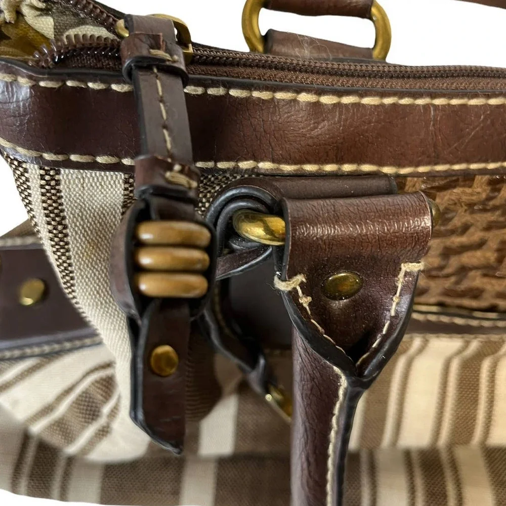 Fossil Large Canvas Brown Vegan Striped Tote Handbag Purse - Picture 5 of 7